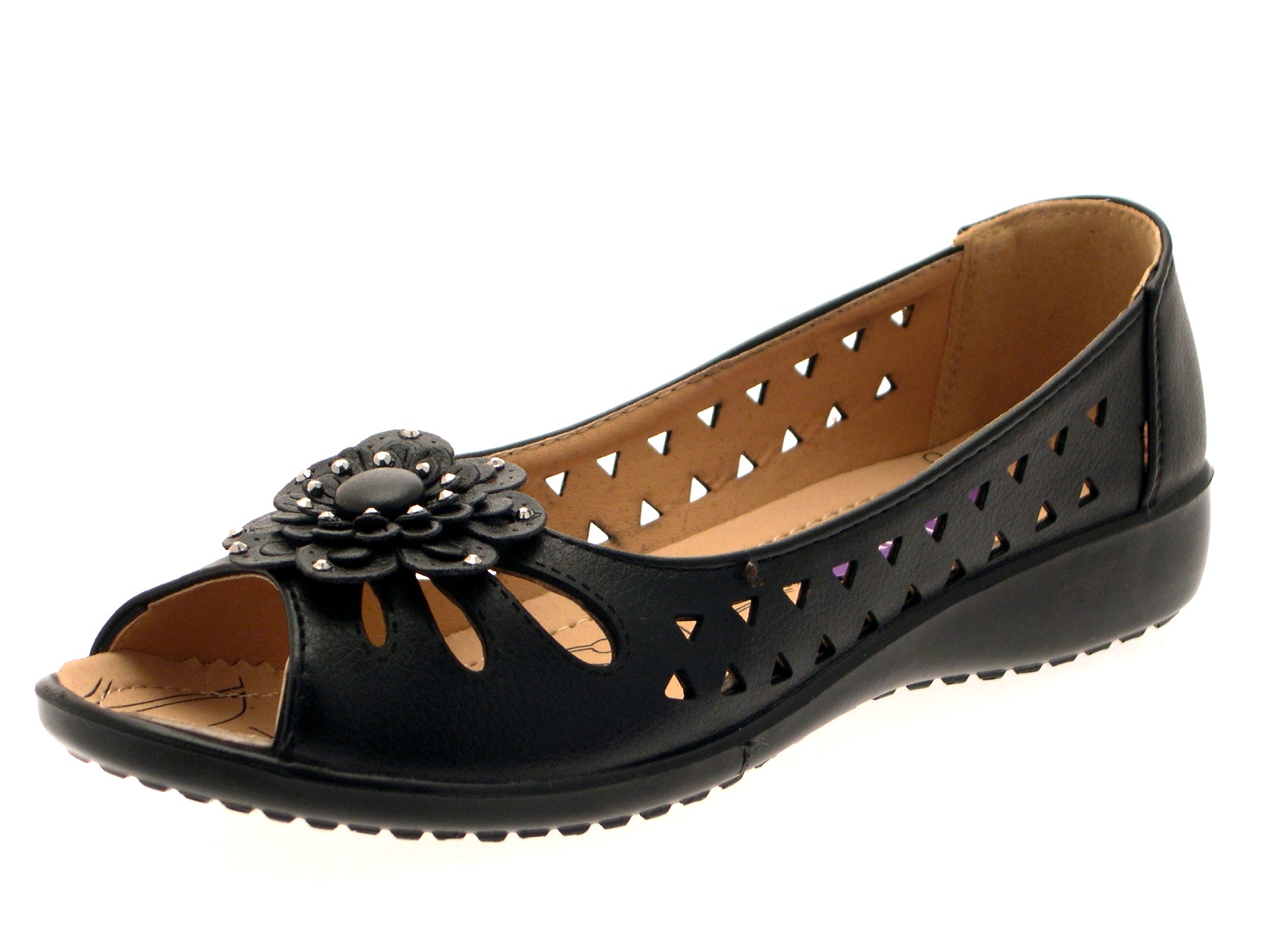 Womens Faux Leather Comfort Cut Out Flat Shoes Flower Sandals Ladies